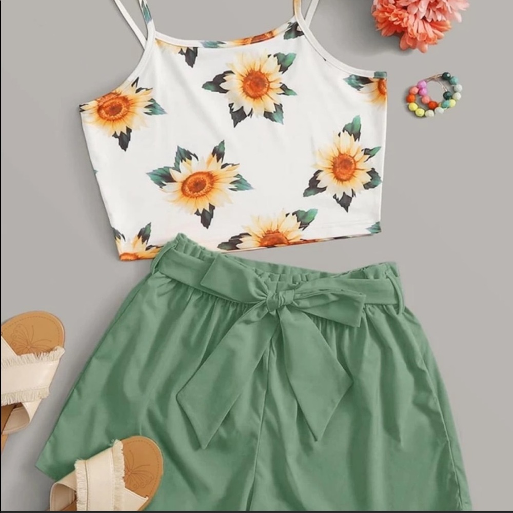 Sunflower cami and green shorts
